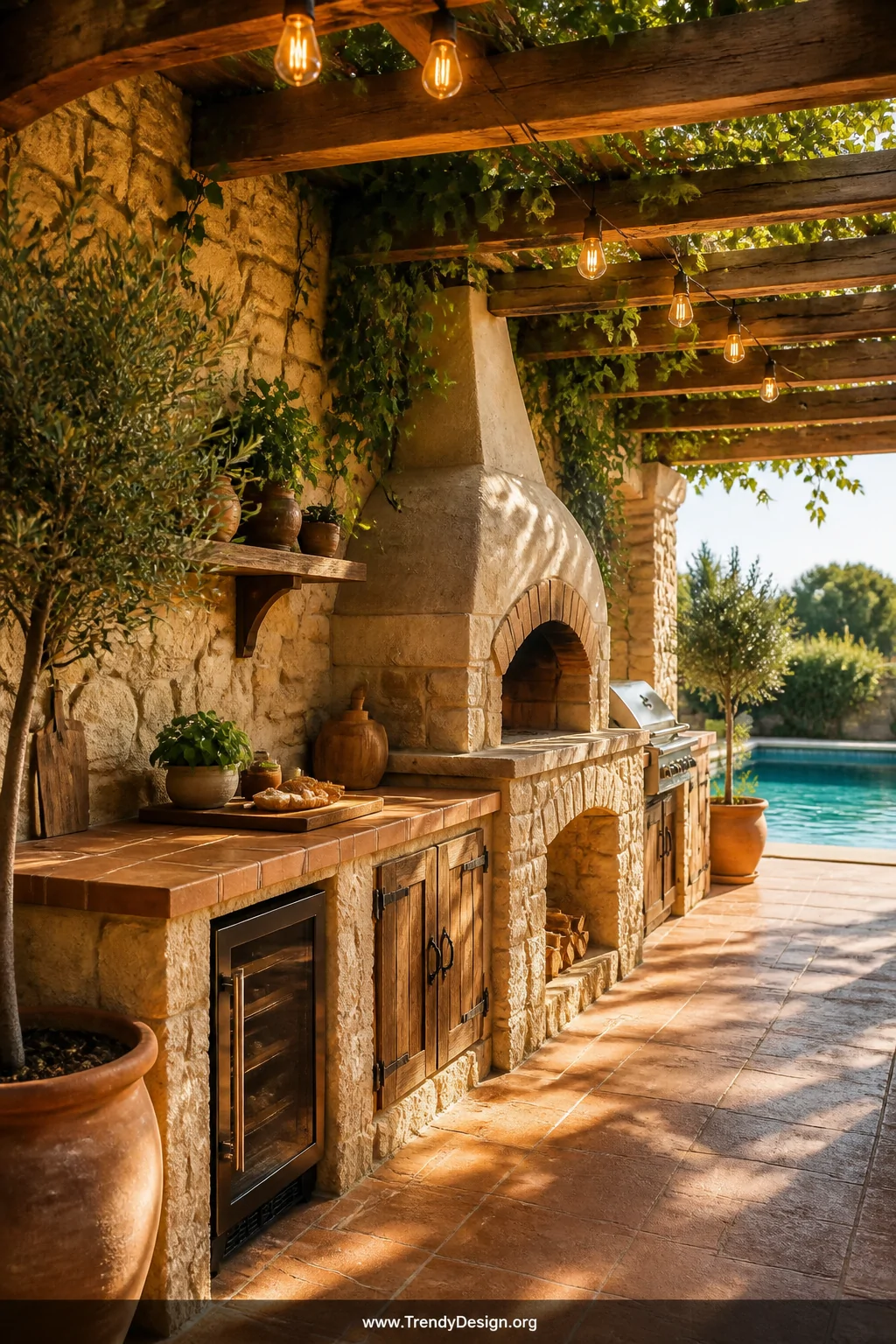 Wide-angle photorealistic interior design shot of a sun-dappled Mediterranean pergola outdoor pool kitchen with rough-hewn na