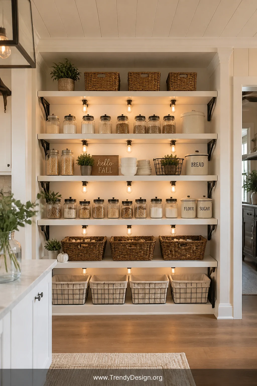 Wide shot of an organized open pantry wall featuring evenly spaced matte black L-shaped metal brackets mounting thick solid o