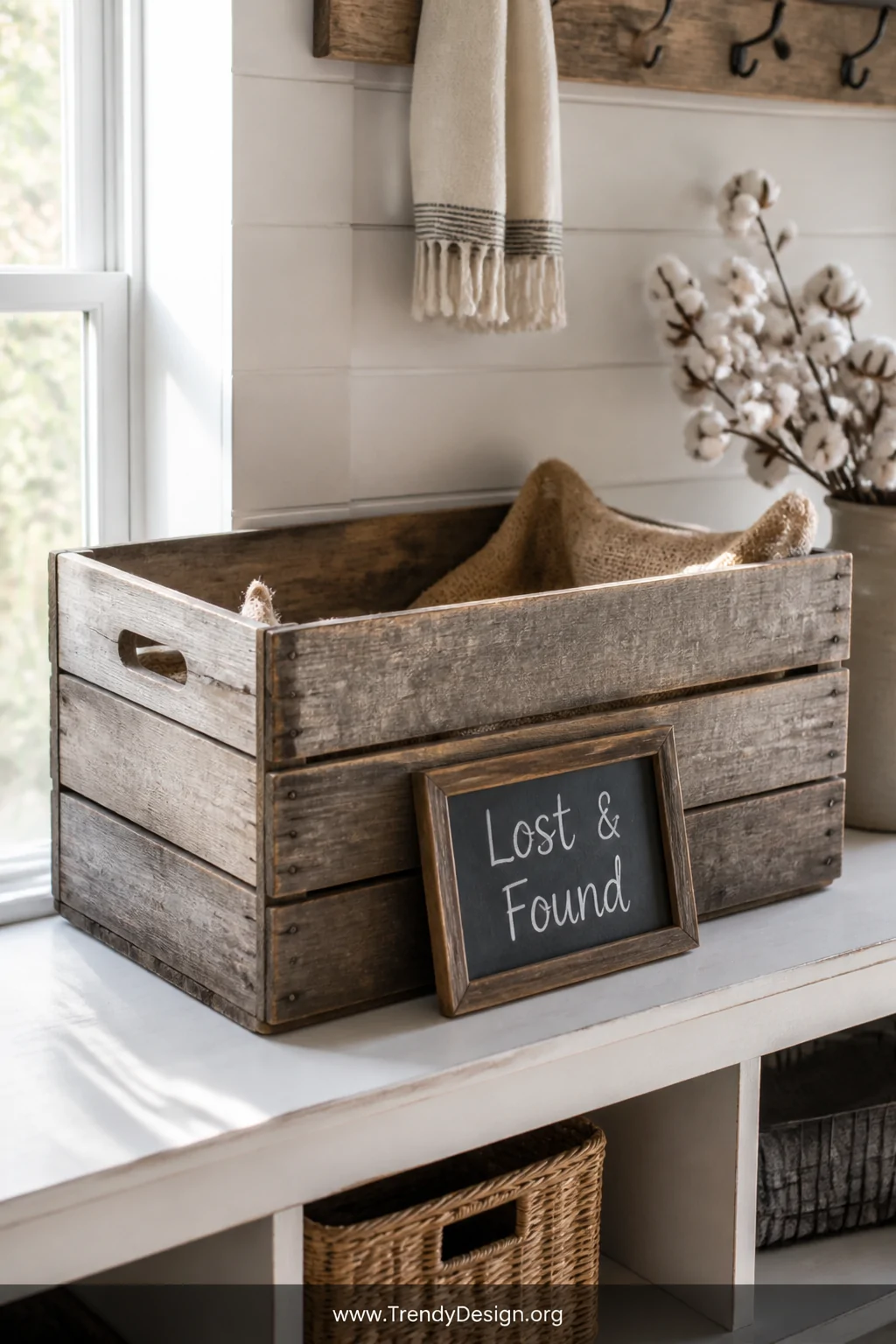 Wide shot of a weathered grey-brown wooden crate with visible wood grain and rustic slats sitting on a white-painted shiplap 