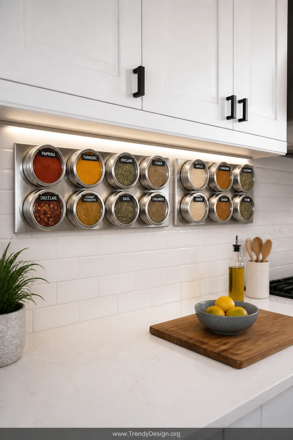A wide-shot photorealistic interior design image of a modern kitchen with white shaker cabinets and warm LED under-cabinet li