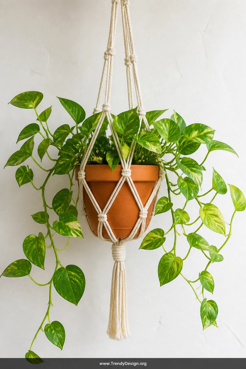 A close-up detail shot of a single-knot natural cotton macrame plant hanger in 5mm rope with evenly spaced knots cradling a s