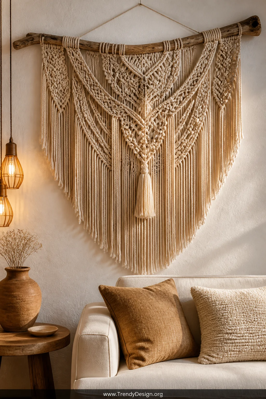A large natural cotton macramé wall hanging with intricate geometric knots and long fringe tassels mounted on a driftwood pie
