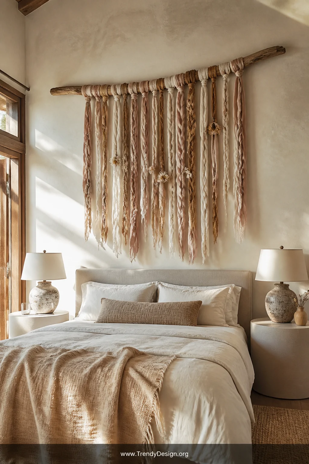 A sun-drenched boutique hotel-style bedroom featuring a large twisted wall hanging suspended from a weathered driftwood branc
