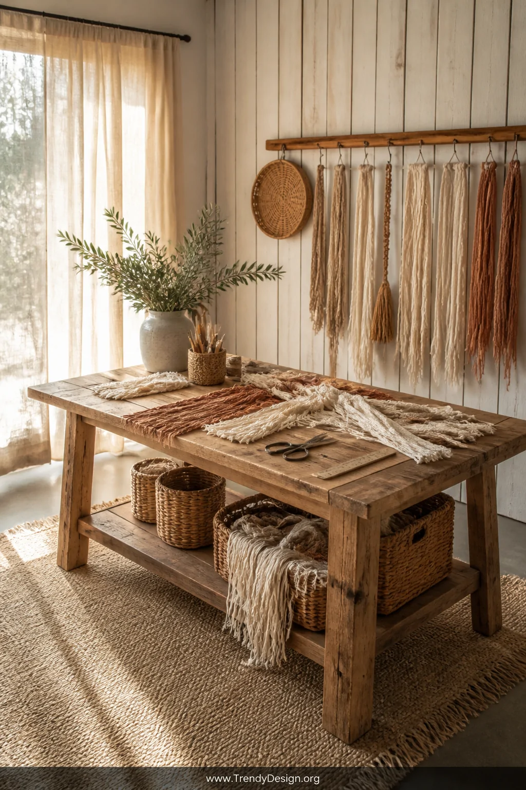 A sun-drenched boho craft corner with warm golden afternoon light streaming through sheer linen curtains onto a reclaimed woo