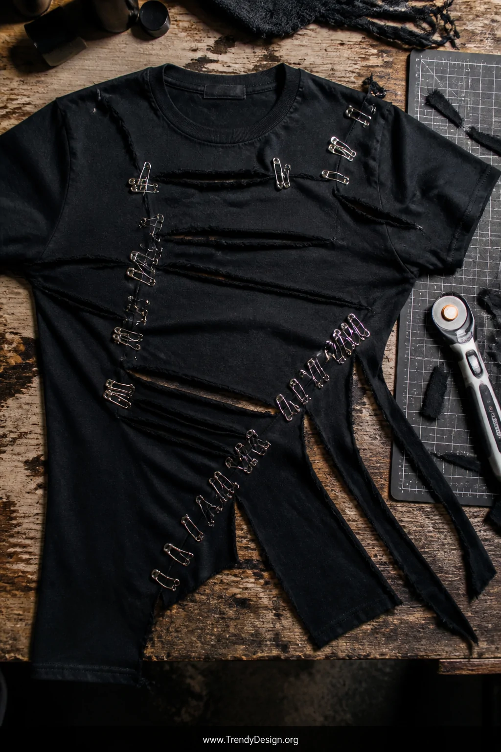 A flat lay wide shot on a weathered wooden workbench showing a black cotton t-shirt mid-reconstruction with bold horizontal a
