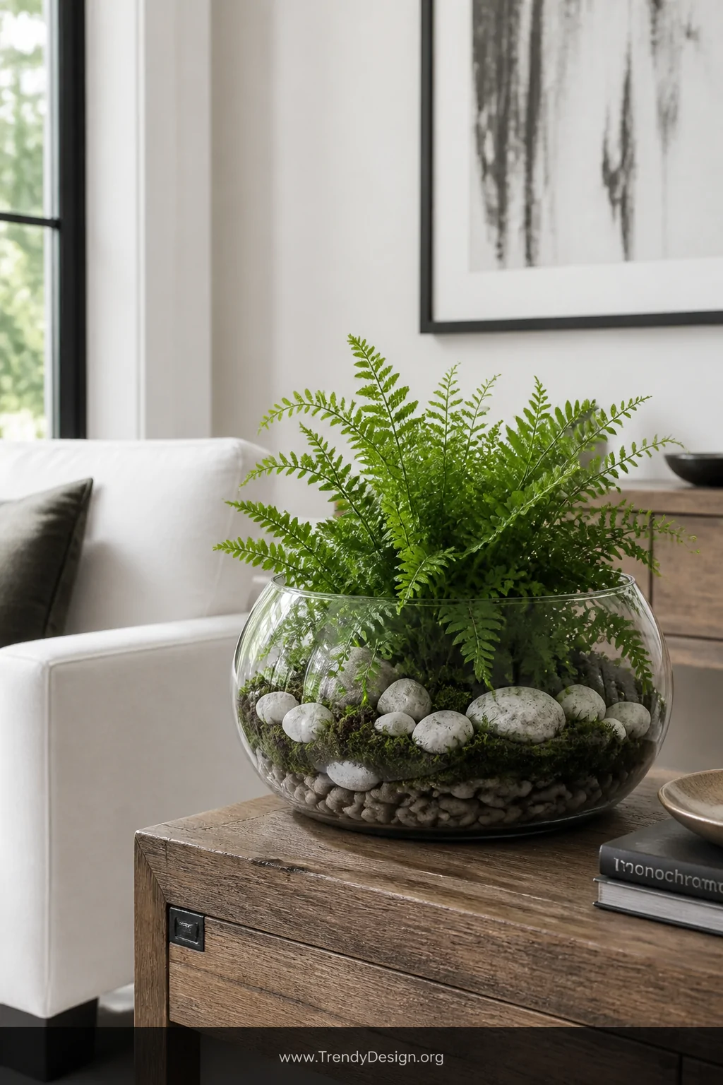 Wide shot of a minimalist living room side table featuring a large open glass bowl terrarium filled with lush Boston fern fro