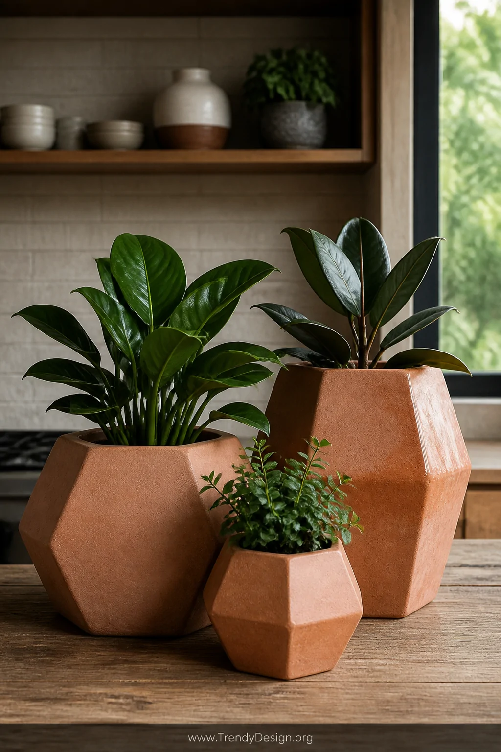 A close-up detail shot of three geometric terracotta pots in hexagonal and angular faceted shapes clustered on a weathered wo