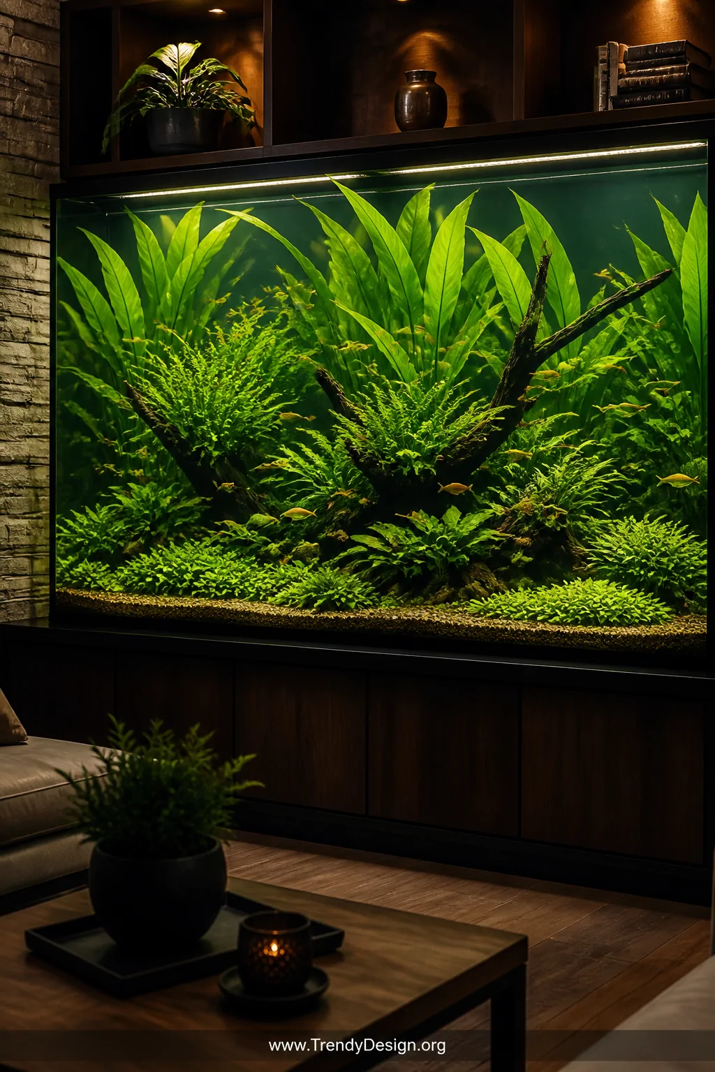 Wide shot of a dramatic large aquarium tank filled with densely layered aquatic plants   towering bright green Amazon swords 