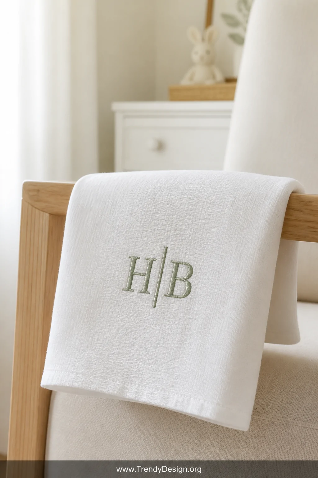 A close-up detail shot of a single crisp white linen burp cloth draped elegantly over the arm of a white oak nursing chair, w