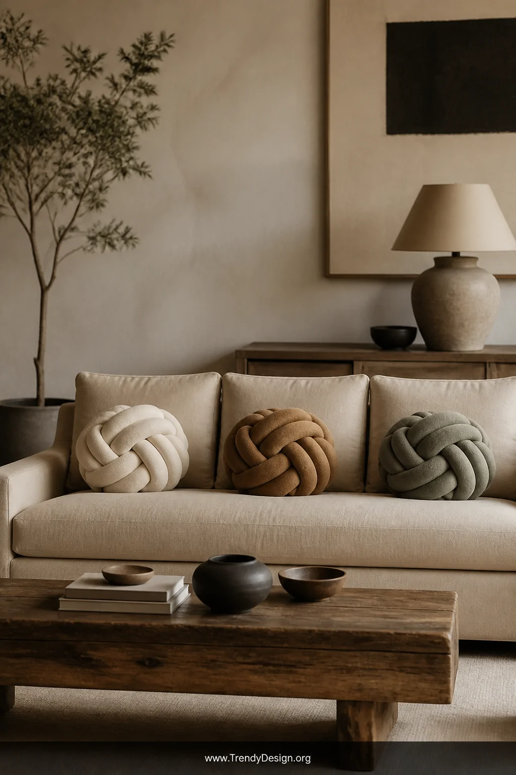 A wide shot of a luxurious neutral living room with a cream linen sofa styled with three sculptural knot pillows in ivory, ca