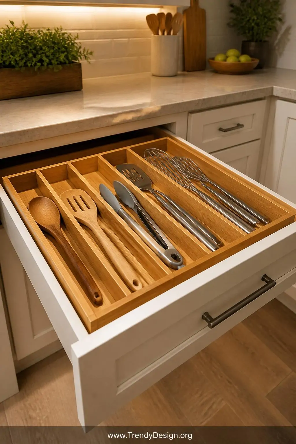 Wide shot of an open kitchen drawer filled with natural bamboo expandable dividers neatly separating wooden spatulas, silicon