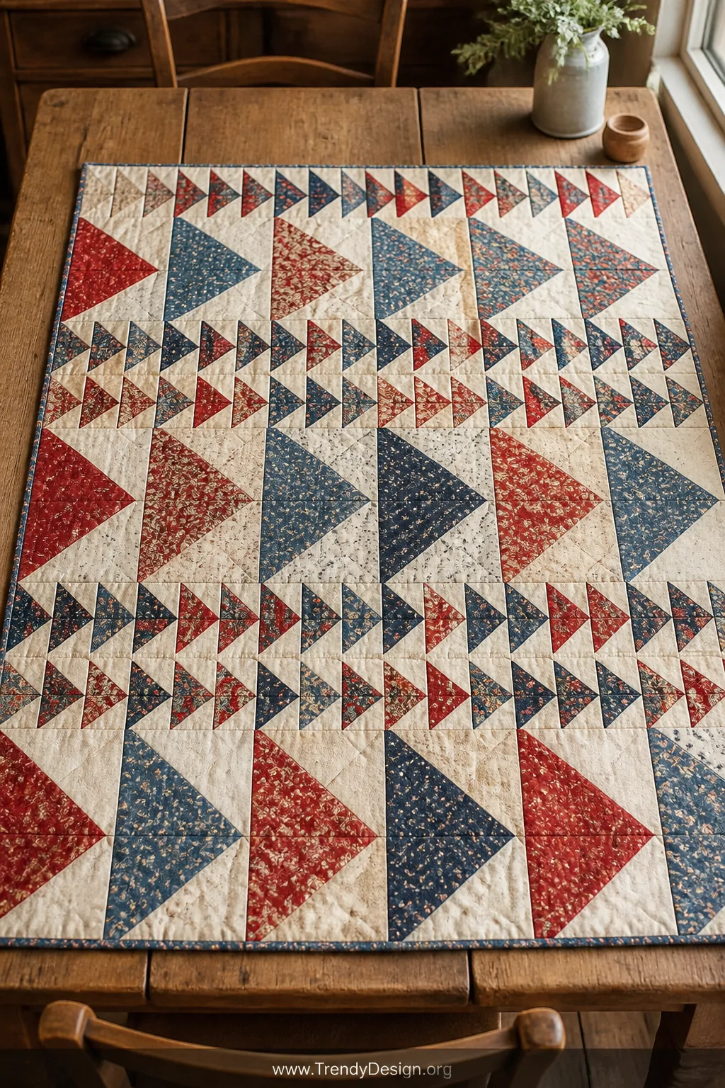 Wide flat-lay shot of a vintage-style quilt spread across a rustic wooden farmhouse table, featuring rows of small and large 
