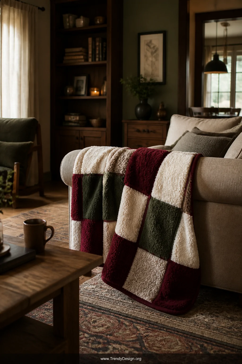 Wide shot of a warm living room with a patchwork fleece quilt in deep burgundy, cream, and forest green casually draped over 
