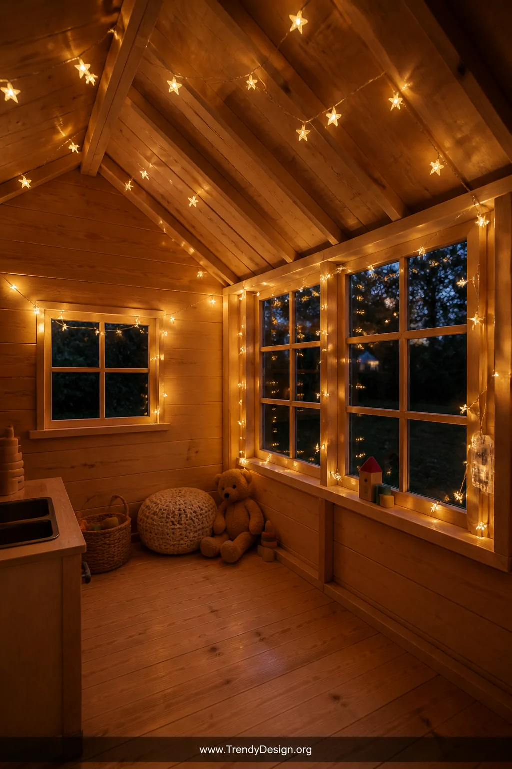 Wide interior shot of a cozy wooden playhouse ceiling and window frames draped with warm white fairy lights and star-shaped n