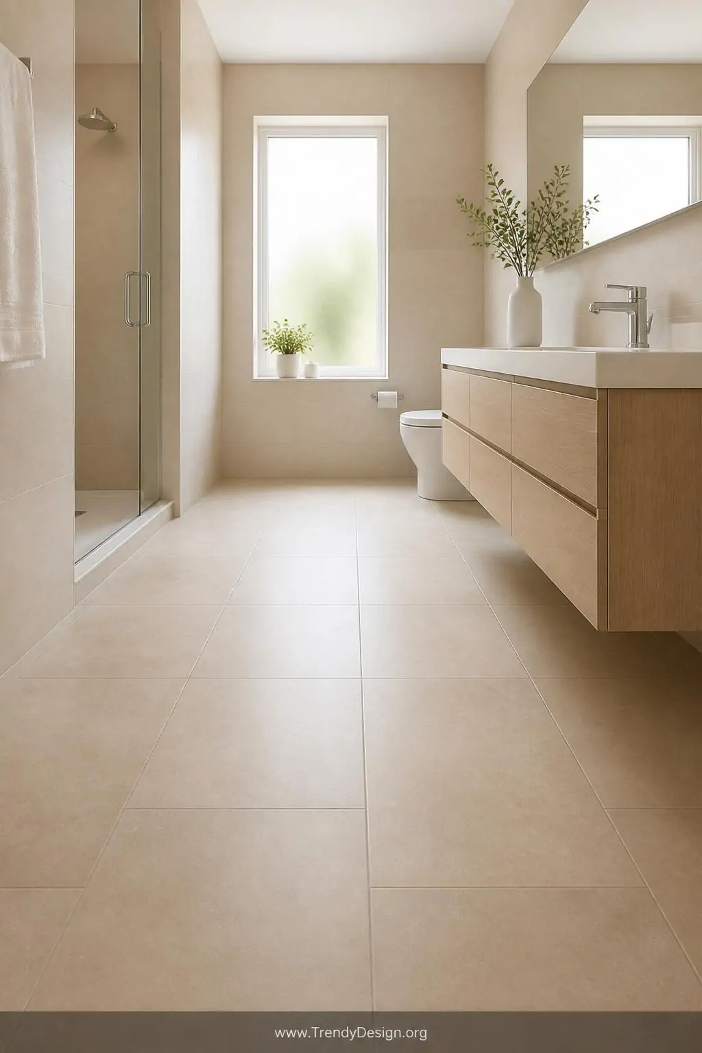 Wide-angle photorealistic interior design shot of a small bathroom floor covered in large-format 12x24 inch rectified tiles i