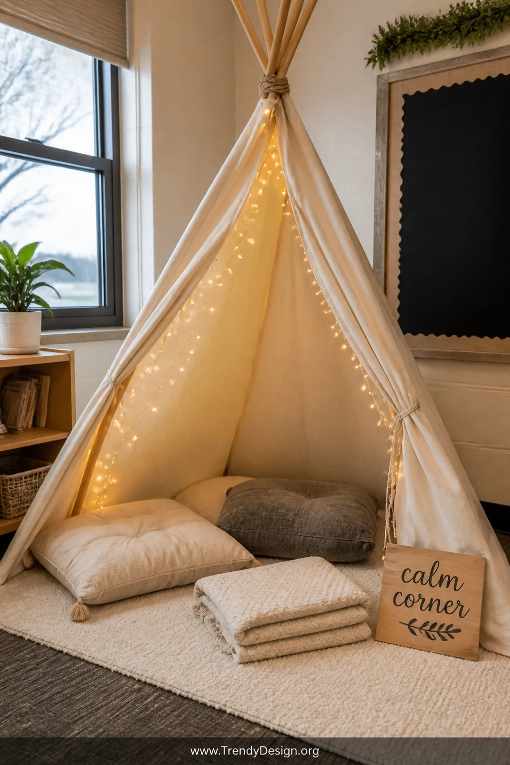 Wide-angle photorealistic interior shot of a cozy classroom reading nook featuring a neutral cream-toned teepee canopy tent o