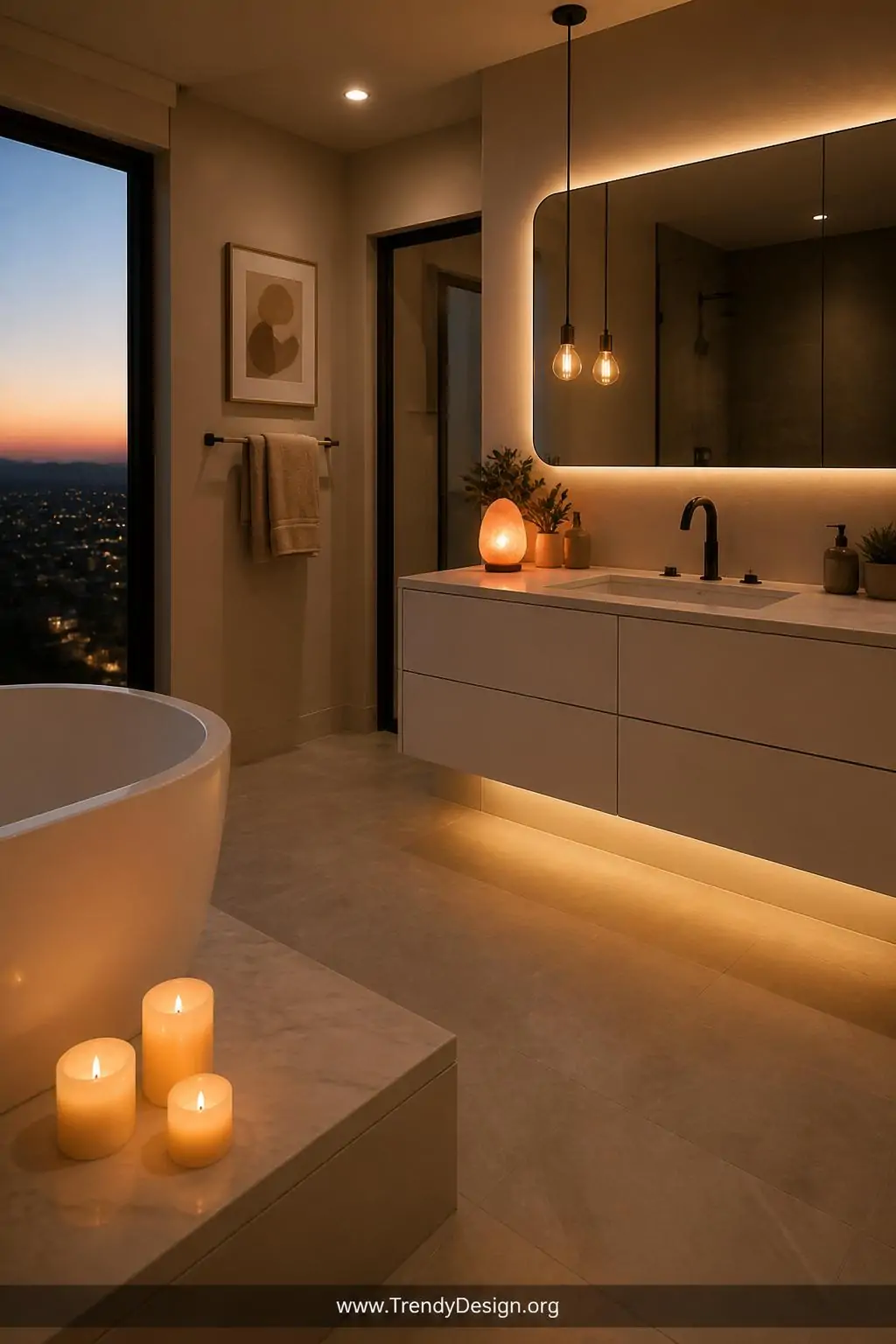 A photorealistic wide-shot luxury bathroom at dusk with warm 2700K Edison bulbs glowing softly behind a frameless floating mi