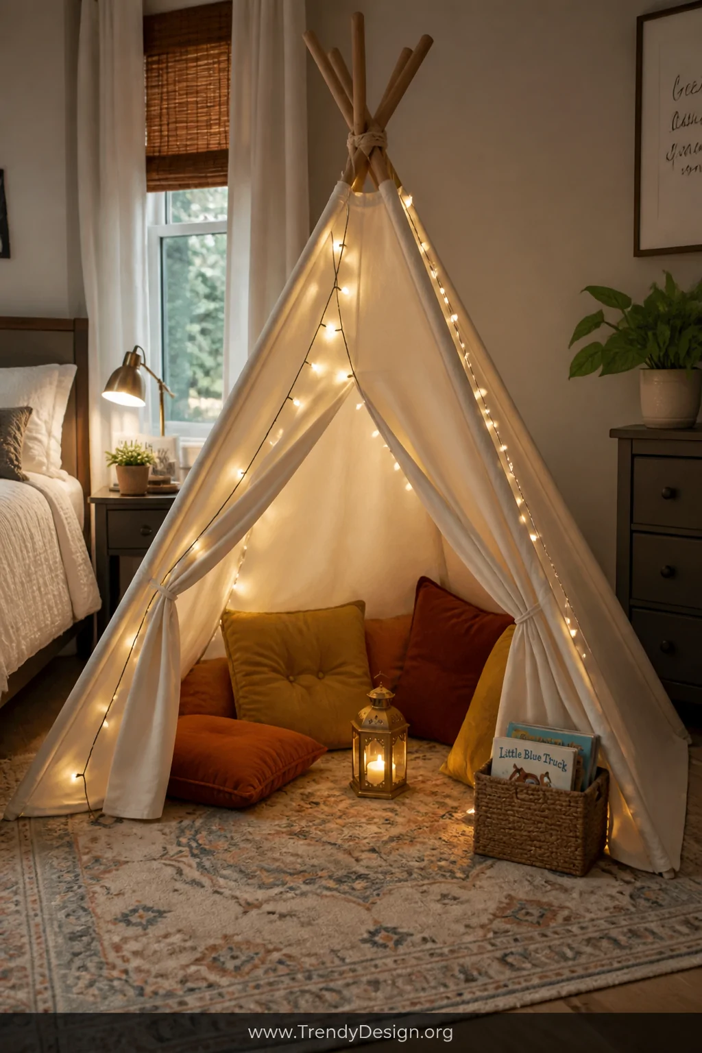 Wide-angle photorealistic interior shot of a freestanding white cotton canvas teepee tent set up in a cozy bedroom corner, wa
