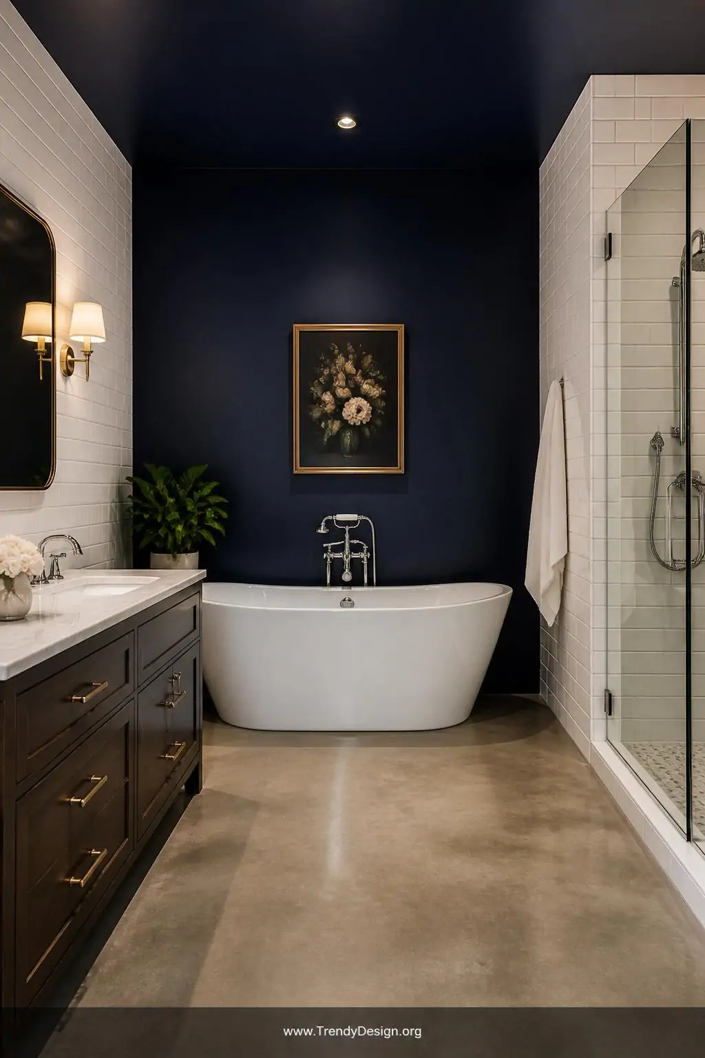 A wide-angle photorealistic interior shot of a luxurious bathroom featuring a single accent wall painted in deep inky navy wi