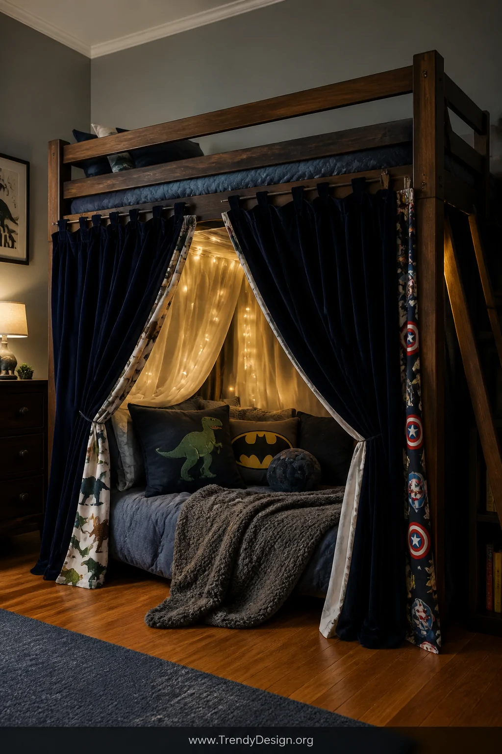 Wide room shot of a children's bunk bed with the bottom bunk transformed into a cozy cave using floor-length dark navy velvet