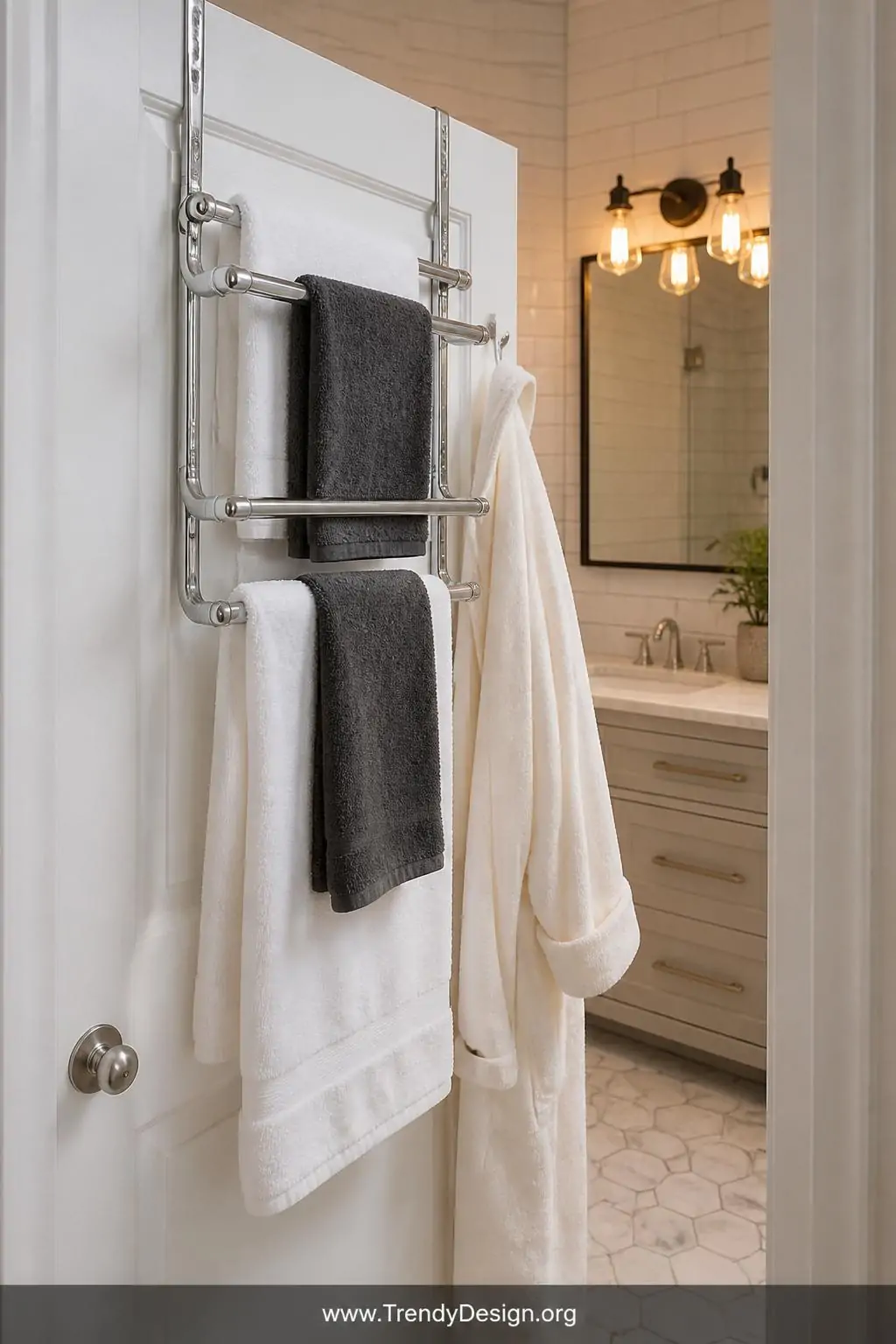 A photorealistic wide-angle shot of a small bathroom door interior revealing a sleek double-bar chrome over-the-door towel ra