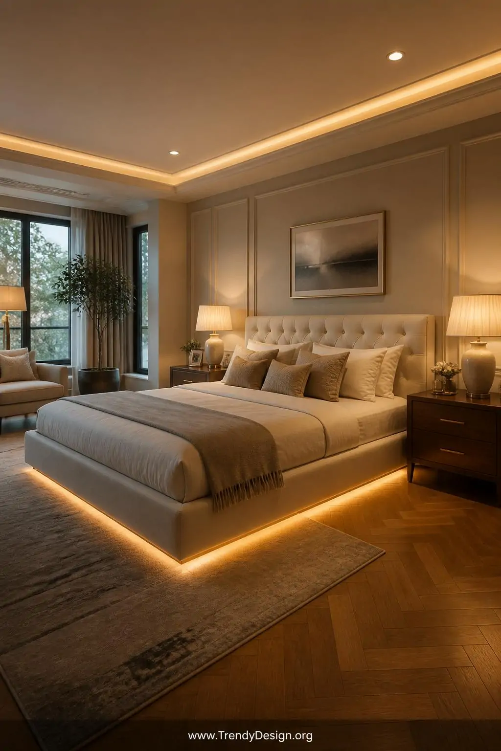 A luxurious master bedroom shot from a wide angle reveals three distinct layers of warm golden lighting working in harmony   