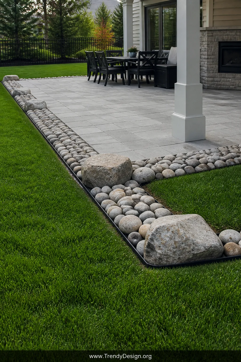 Wide-angle photorealistic shot of a well-defined outdoor patio perimeter lined with a mix of smooth river rocks and natural f