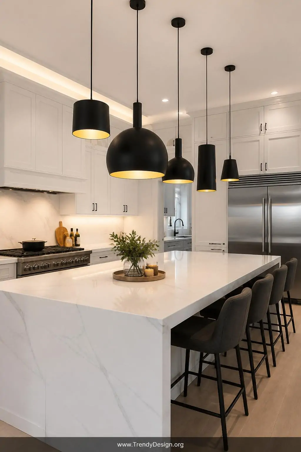 Wide-angle photorealistic interior design shot of a large white kitchen island topped with thick white marble countertops, il