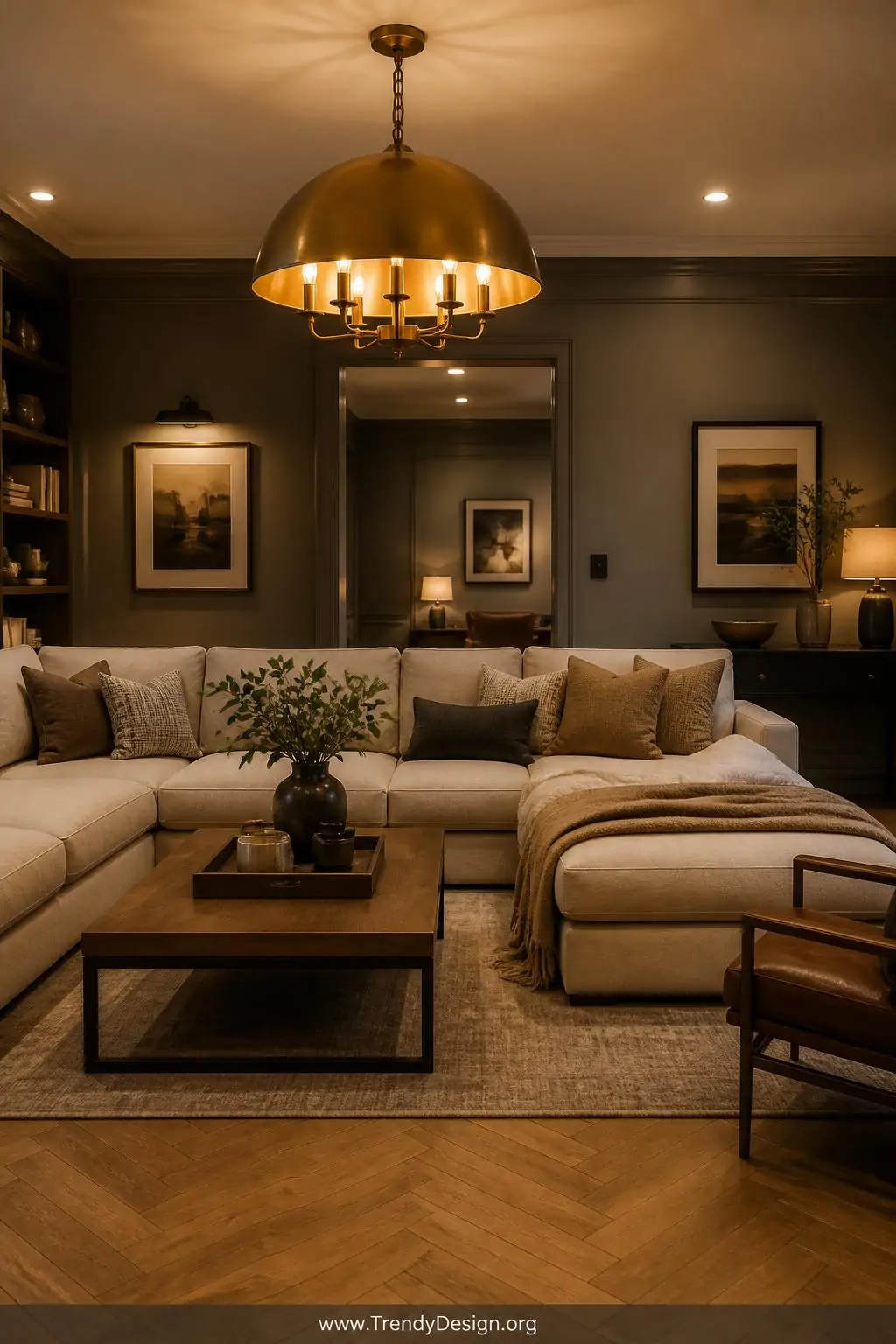 Wide shot of a warm, elegantly layered living room anchored by a brushed brass dome chandelier casting a soft amber glow acro