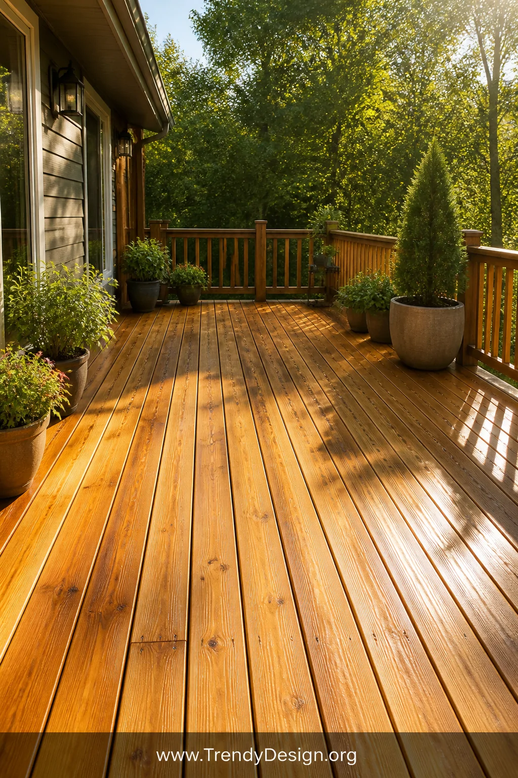 Wide shot of a freshly refinished wooden deck bathed in warm afternoon sunlight, showcasing rich honey-toned cedar semi-trans