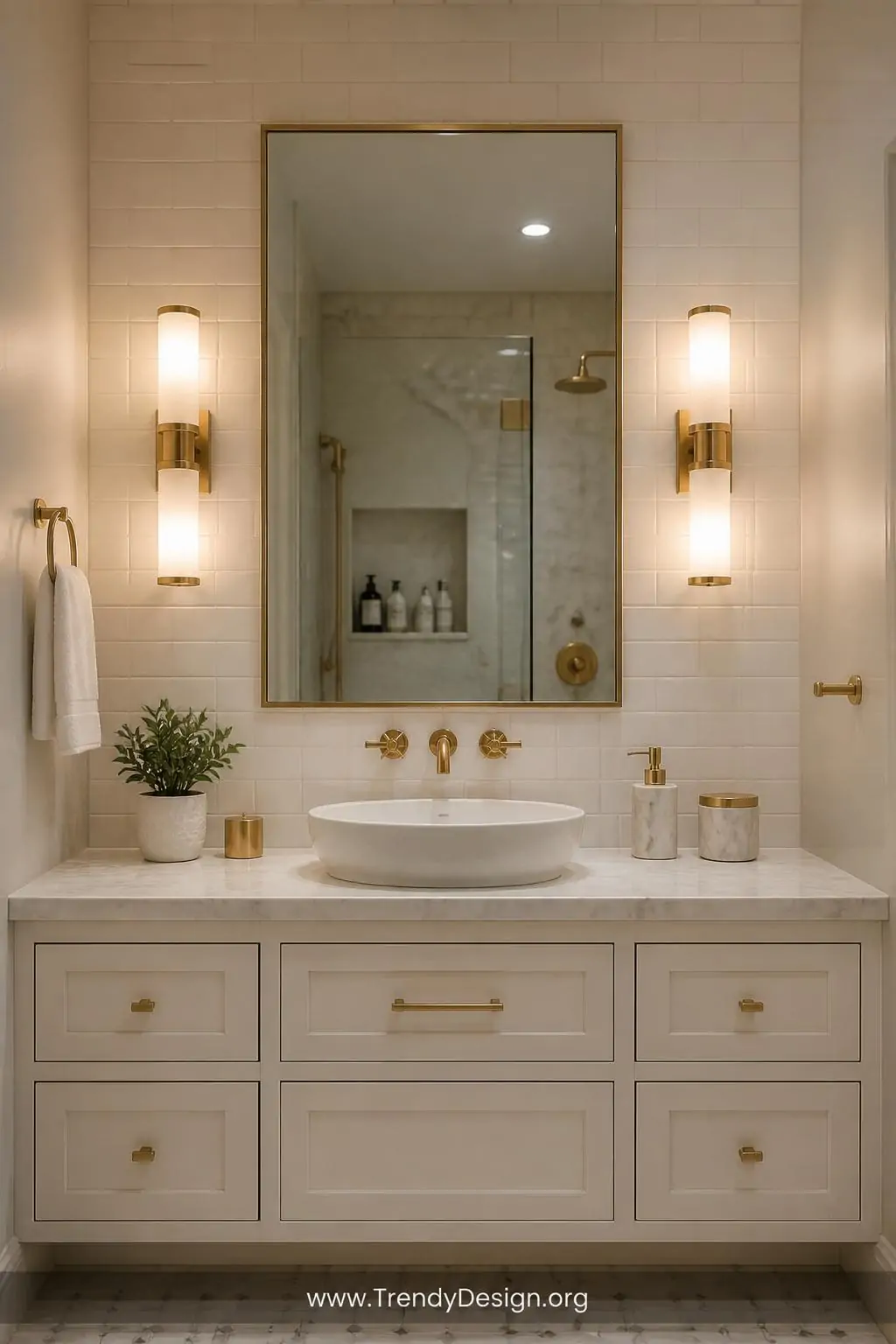 A luxurious Hollywood-style bathroom vanity featuring two sleek frosted-glass wall sconces mounted symmetrically at eye level
