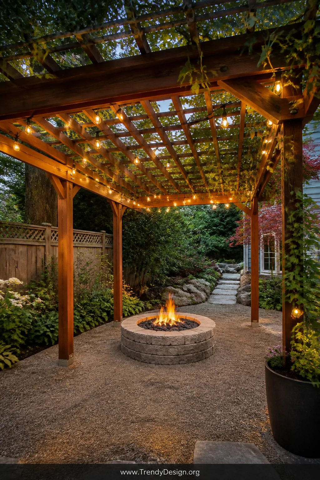 Wide-angle photorealistic shot of a backyard cedar pergola with an open lattice roof over a circular stone fire pit, warm Edi