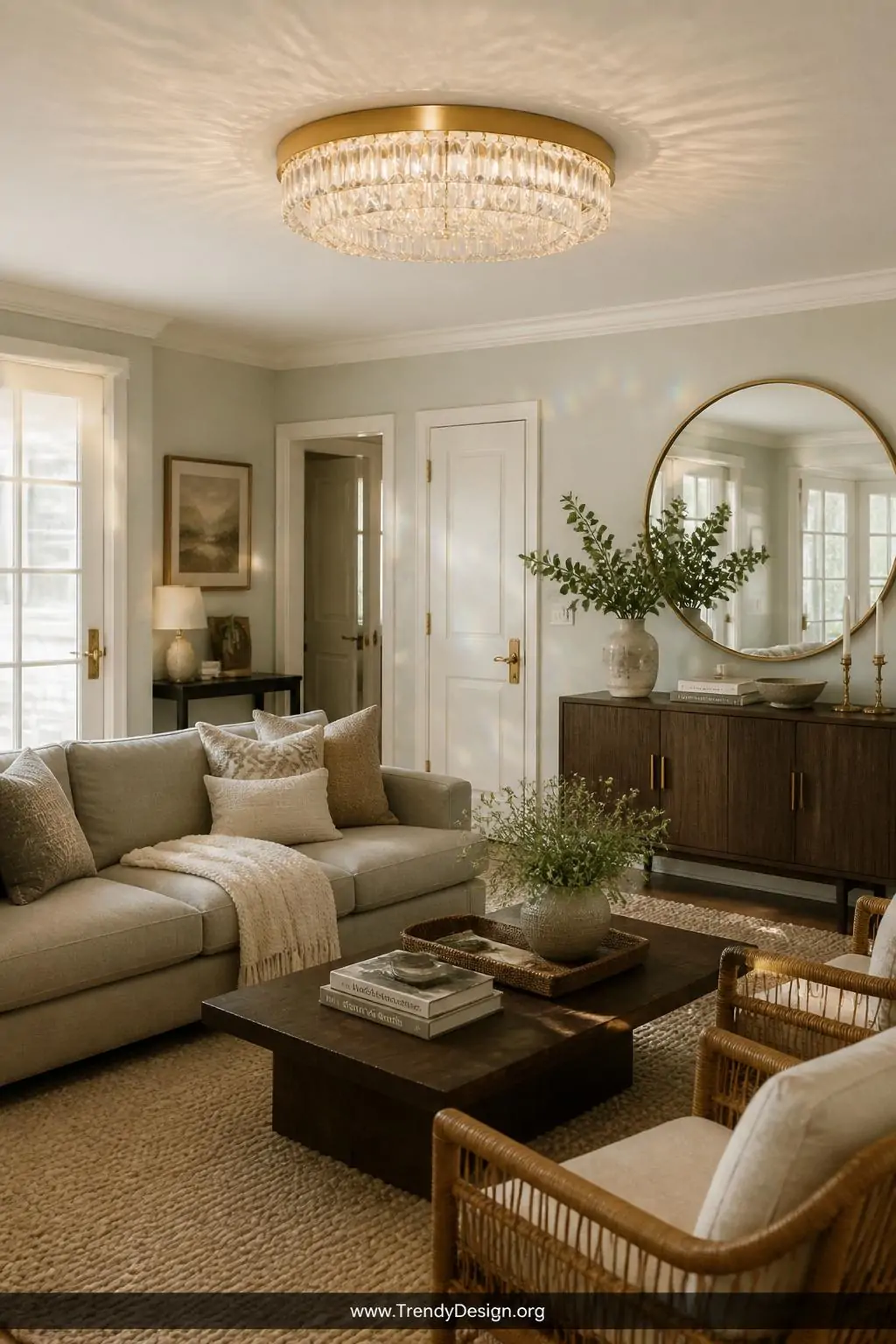 Wide-angle photorealistic interior design shot of a sophisticated living room with a large brushed gold flush mount fixture p