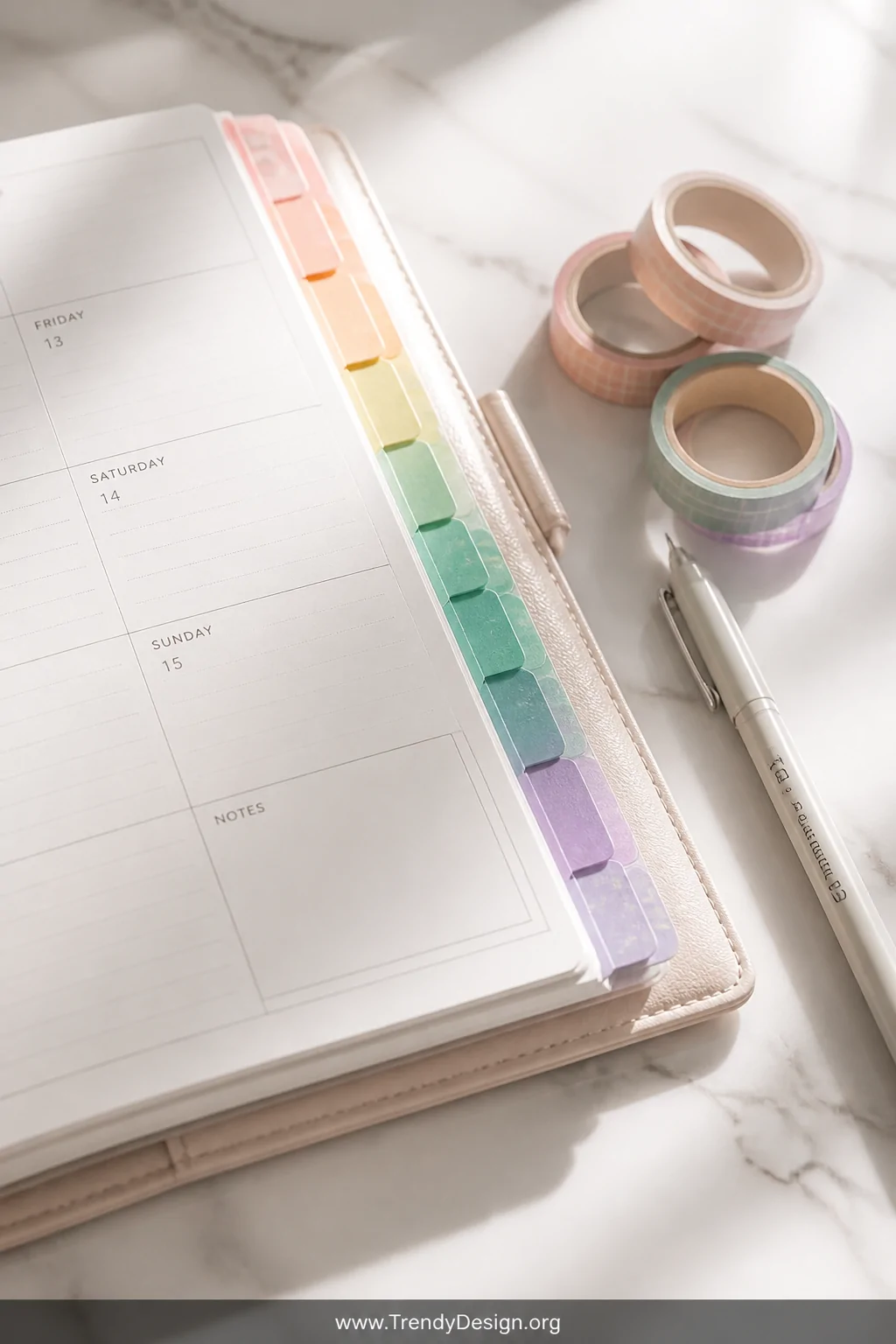 A close-up flat lay of an open planner on a white marble desk showing rainbow-order sticky tab dividers in soft pastel hues  