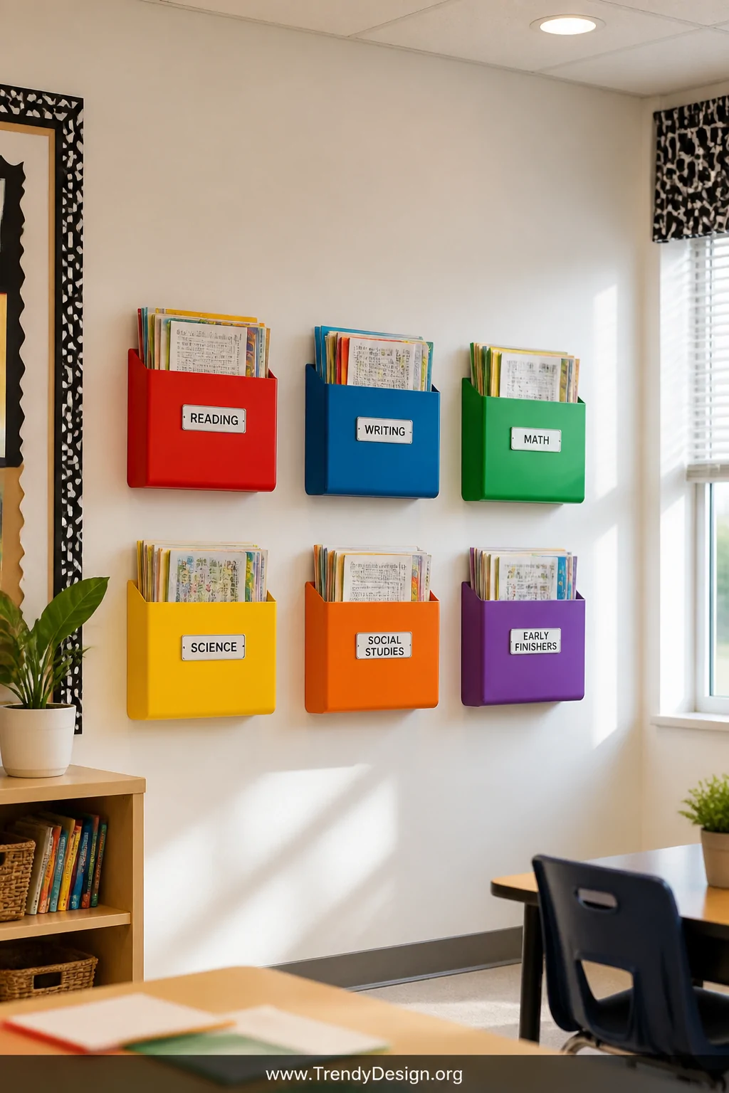 Wide shot of a bright classroom wall featuring a neat grid of six wall-mounted file pockets in bold red, blue, green, yellow,