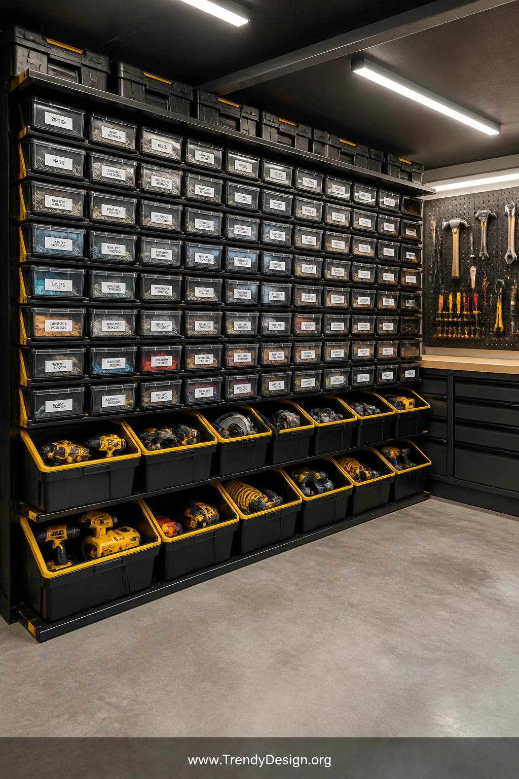Wide-angle photorealistic shot of a clean, well-lit garage interior with a full wall of stacked modular storage bins in black