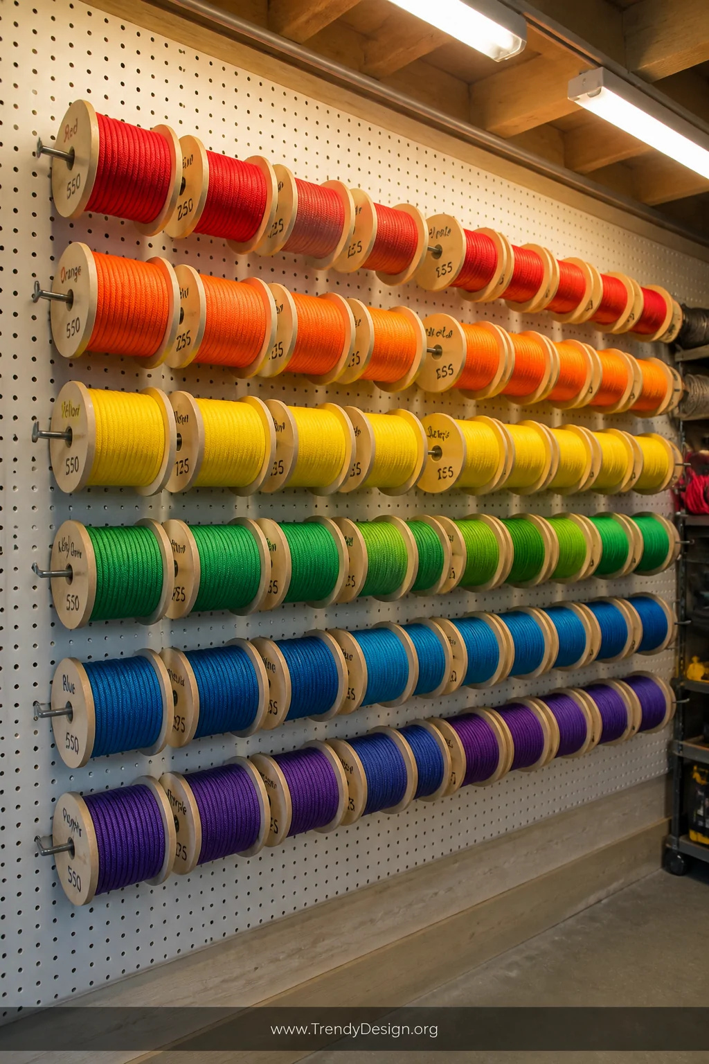Wide shot of a organized garage wall featuring a large pegboard mounted with evenly spaced metal hooks displaying a rainbow a