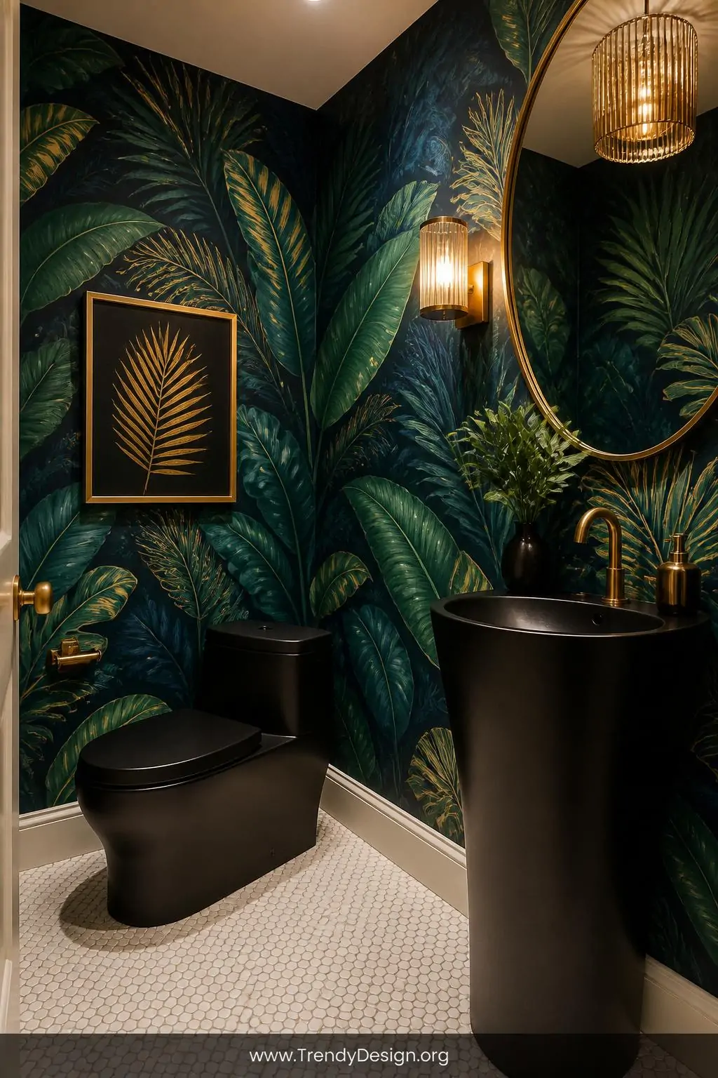 Wide shot of a dramatic half bathroom with floor-to-ceiling jewel-toned botanical wallpaper in deep emerald and sapphire blue