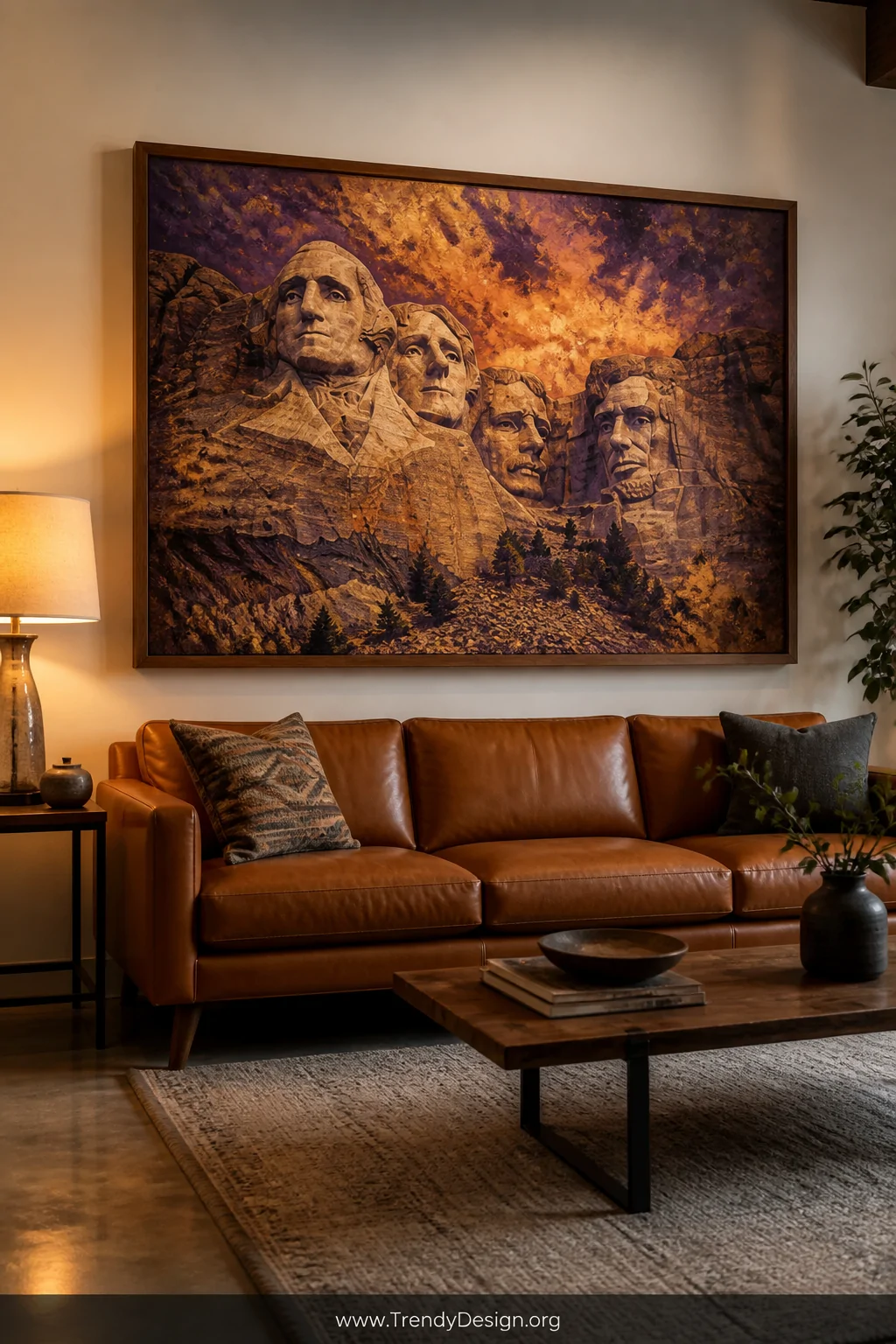 A wide living room shot featuring a large framed canvas painting of Mount Rushmore hanging on a warm white wall, rendered in 