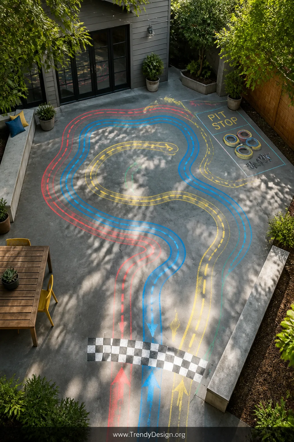 A sun-drenched concrete backyard patio covered in vibrant sidewalk chalk race track art, featuring bold red, blue, and yellow