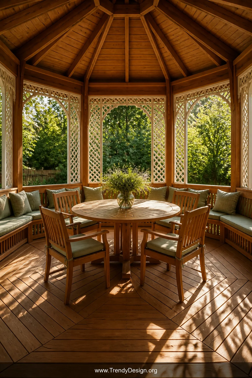 A photorealistic wide-angle shot of a classic octagonal cedar gazebo in a lush backyard, eight-sided structure with natural w