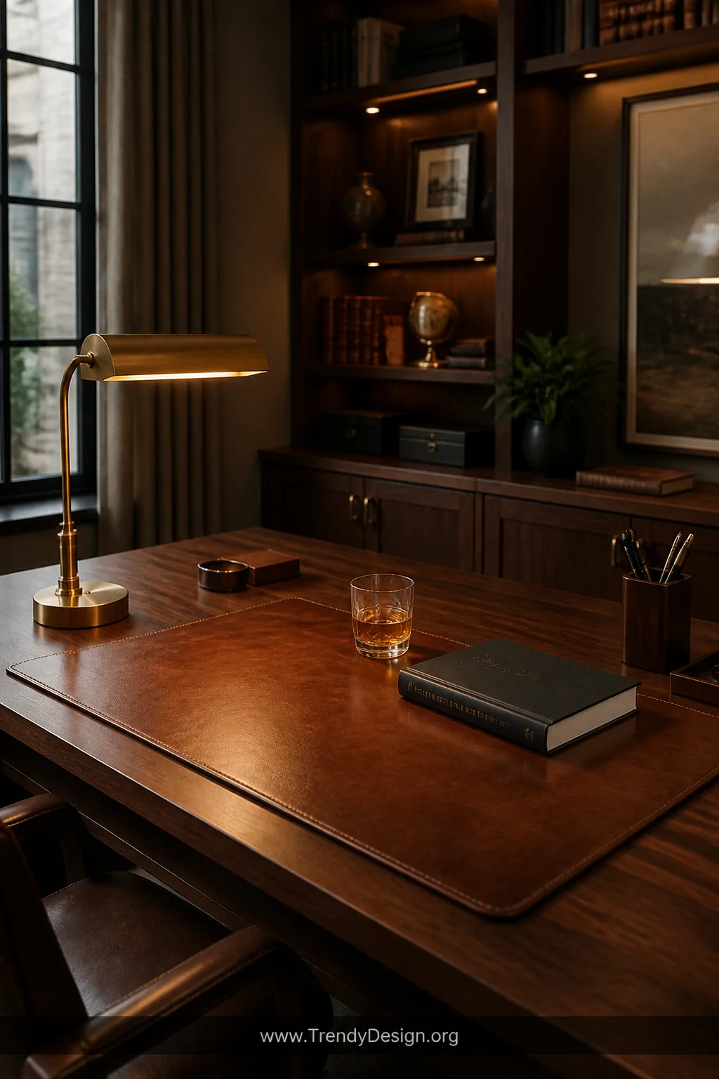 A wide shot of a sophisticated home office featuring a full-grain cognac leather desk pad anchoring a warm walnut wood desk, 