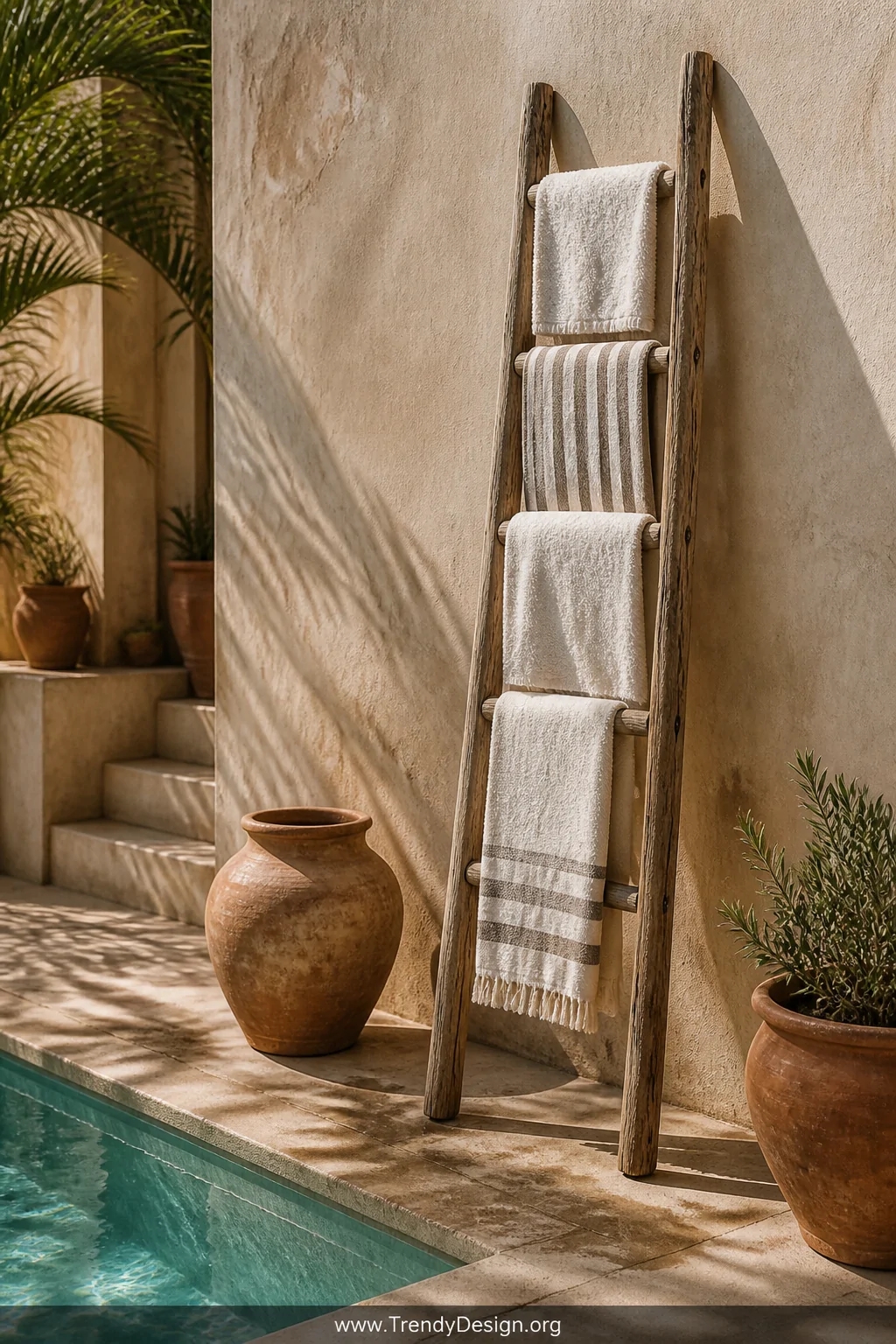 A tall rustic wooden ladder rack leaning against a sun-bleached stucco wall beside a turquoise pool, holding four plush white
