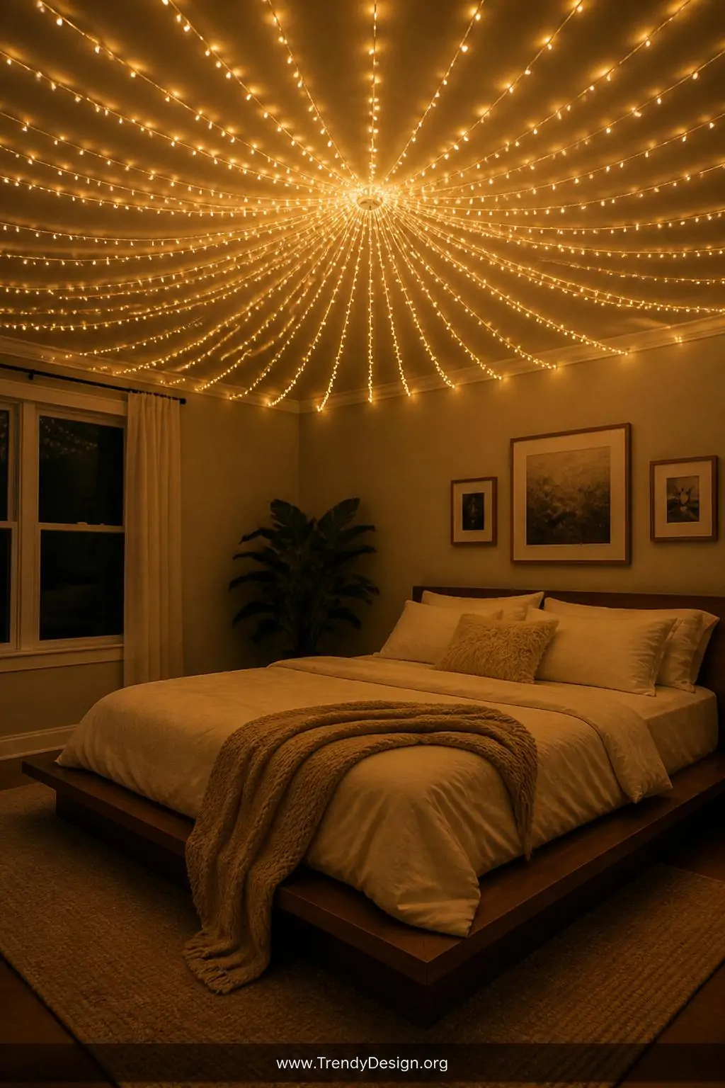Wide shot of a darkened bedroom ceiling with dozens of warm golden fairy light strands draped from a single central adhesive 