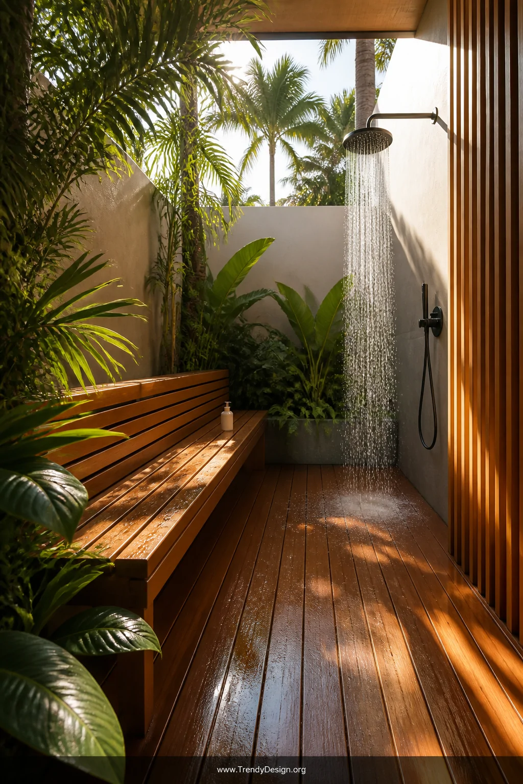 Wide shot of a sun-drenched outdoor shower space featuring a sleek slatted teak wood bench with warm honey-brown tones, paire