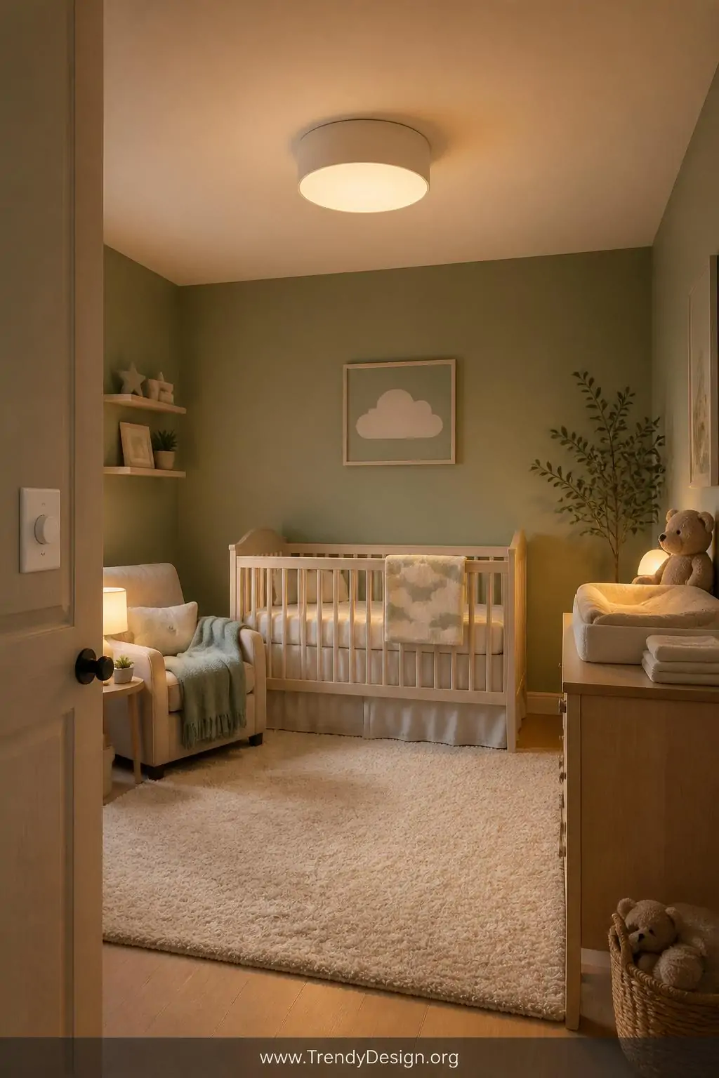 Wide-angle photorealistic interior shot of a softly lit nursery with a matte white dimmable ceiling fixture casting warm 2700