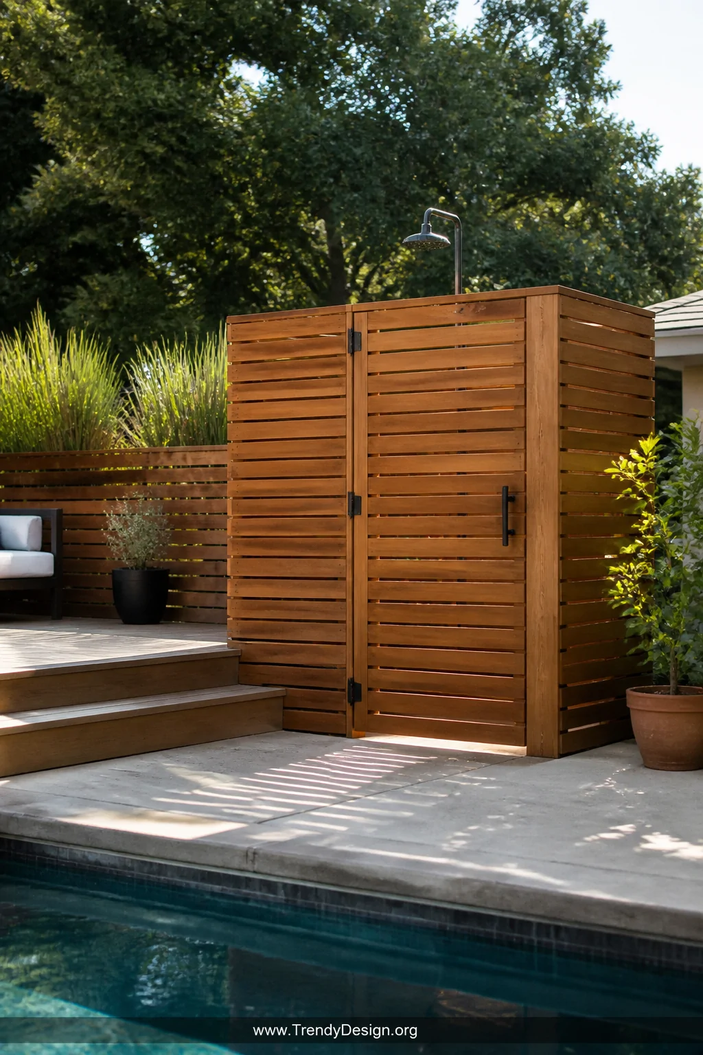 A photorealistic wide-shot of a backyard pool deck featuring a cedar wood three-sided fence enclosure with a piano-hinged doo