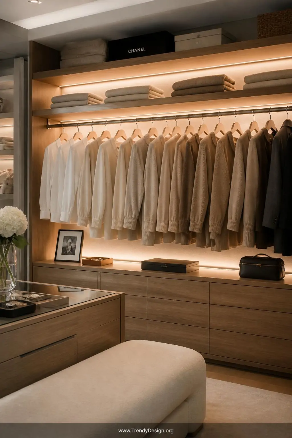 Wide shot of a luxurious walk-in closet with warm white LED strip lights glowing along the underside of natural wood shelves 