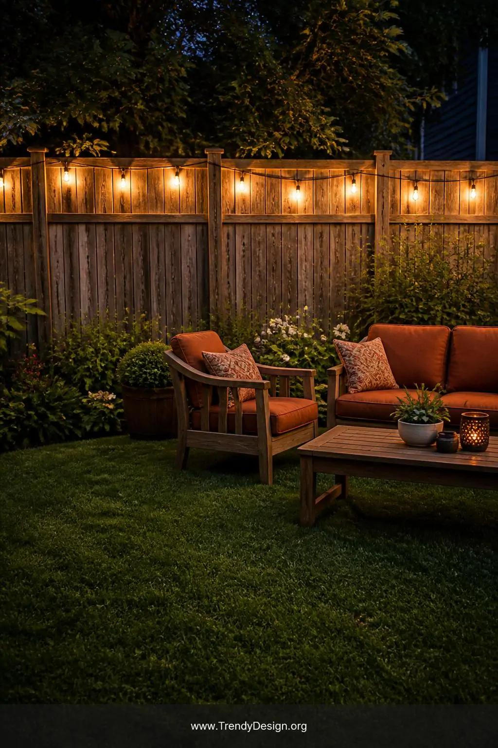 Wide shot of a weathered wood privacy fence draped with warm Edison-style string lights along the top rail, soft amber glow p
