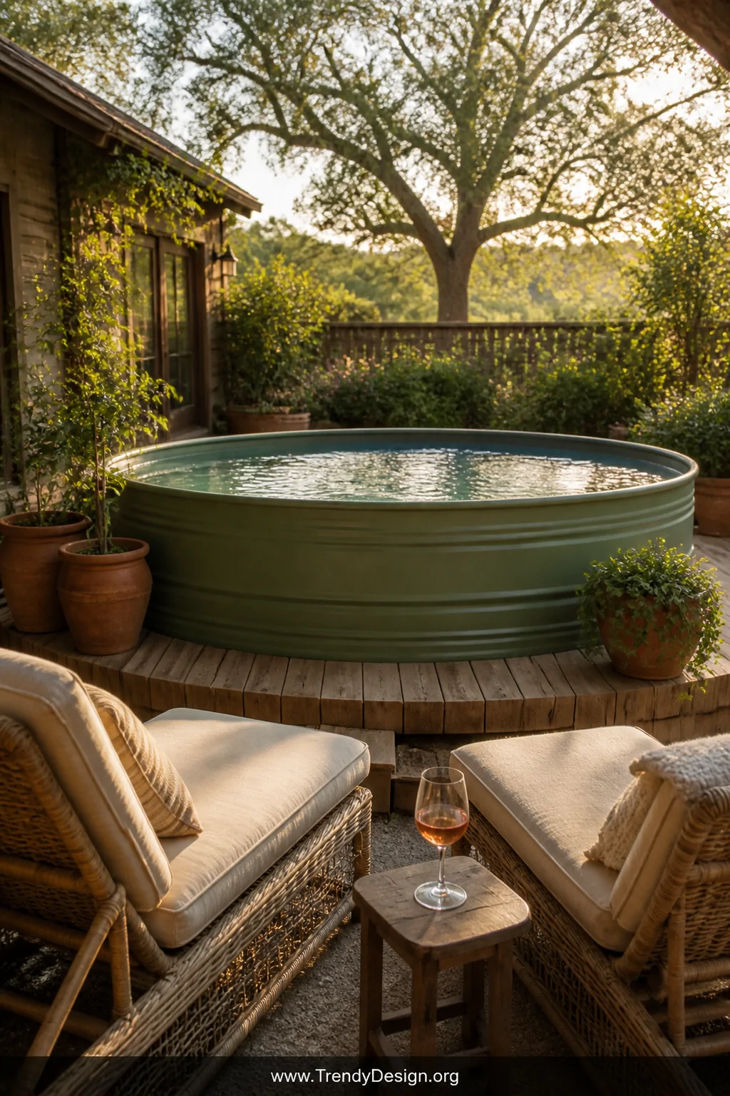 Wide shot of a sun-drenched backyard featuring a 8-foot galvanized silver stock tank pool with a natural weathered wood deck 